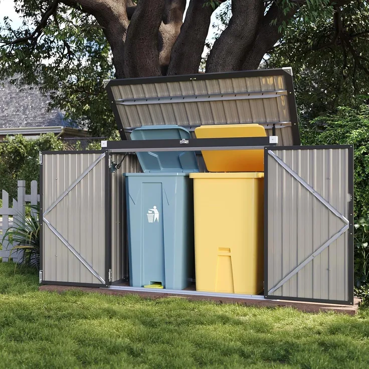 Aoxun 150x117x80cm Metall Gerätehaus, Mülltonnenbox für 2 Tonnen, Wetterfester Gartenschrank mit Kettenzug-Deckel & Gasdruckfeder, zu öffnende Front- & Top-Türen, Schwarz