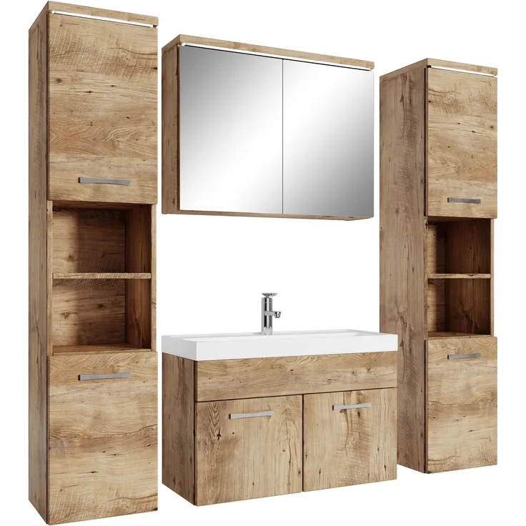 Badplaats Badmöbel Komplettset Paso XL LED 80x40 cm Kastanien Eiche - Badezimmermöbel mit Waschbecken, Spiegelschrank und 2 Badezimmerschränke