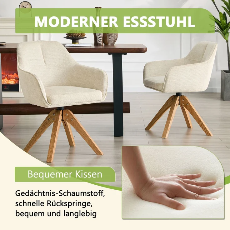360° drehbarer Esszimmerstuhl mit Massivholzbeinen im 2er-Set, Bezogen mit beigem Stoffpolster, Schaumstoffsitz, ergonomisch geformte Rückenlehne, moderner, leicht luxuriöser Esszimmerstuhl.--Weiß, Holz--58x46x82cm--YOUDENOVA – Bild 6