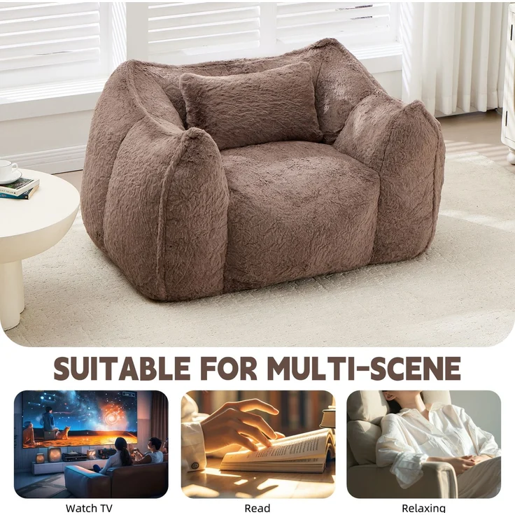 Riesiger Sitzsack mit Kissen, bequeme große Sitzsäcke für Erwachsene und Kinder, Kunstfell-Bodensofa für Wohnzimmer, Schlafzimmer und Wohnung, Khaki--khaki--123x97x73cm--YOUDENOVA – Bild 7