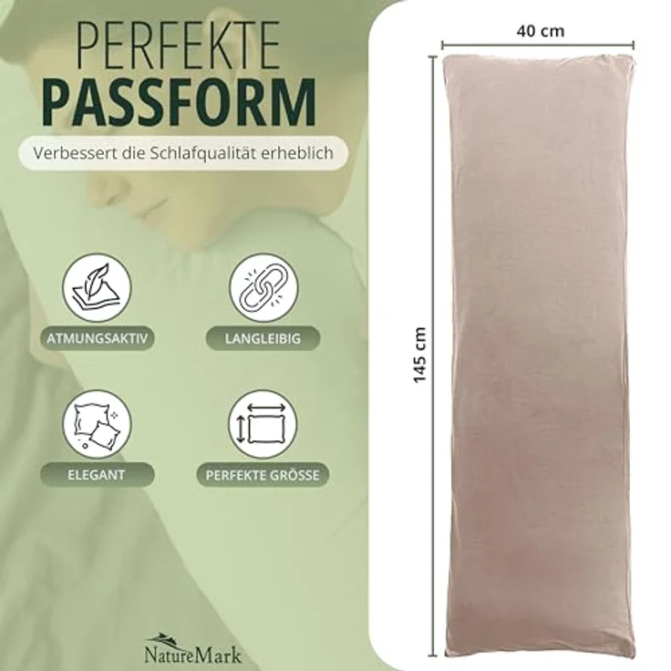 NatureMark 2er Pack Jersey Kissenbezug Kissenhülle Kissenbezüge Seitenschläferkissen Nackenkissen viele Größen und Farben ÖKO-TEX (40x145 cm (Seitenschläfer/Stillkissenbezug), Sand/Beige) – Bild 4
