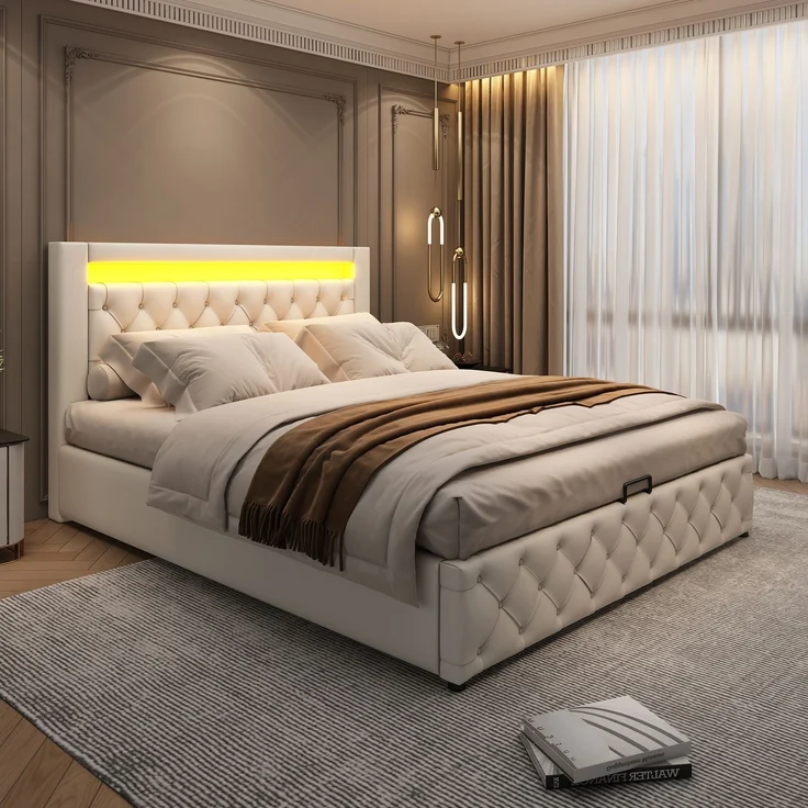 Lit rembourré 140 x 190 cm, entièrement fonctionnel, avec un sommier à lattes et un espace de rangement, rangement hydraulique, éclairage LED, blanc, matériau PU. – Bild 3