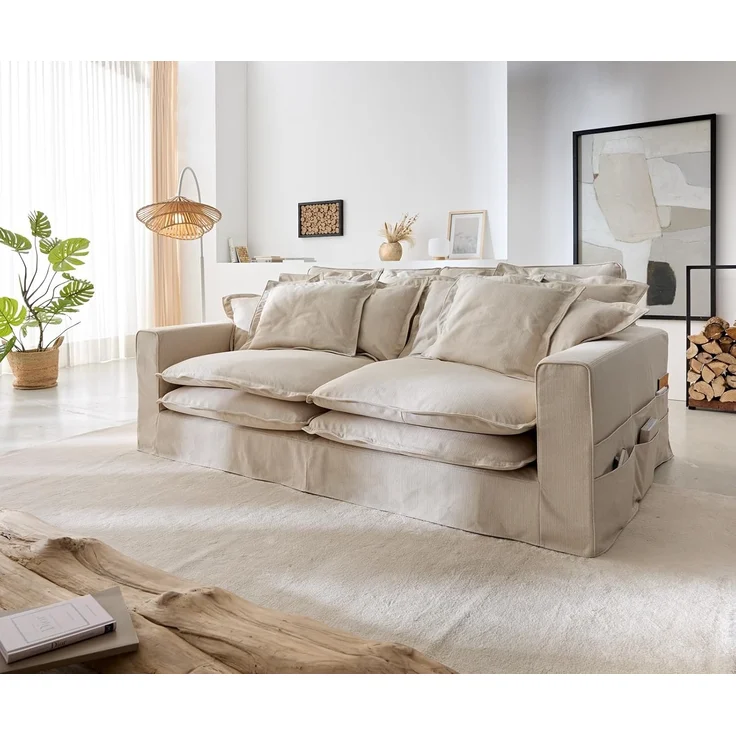 Big-Sofa Noelia Elfenbeinfarben 240x145 cm mit Kissen Hussensofa Sofa Couch – Bild 2