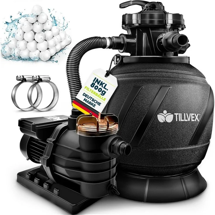 tillvex Sandfilteranlage 10 m³/h Filteranlage + 800g Filterbälle 7-Wege Ventil Poolfilter, Filterkessel mit Druckanzeige Sandfilter für Pool und Schwimmbecken – Bild 1