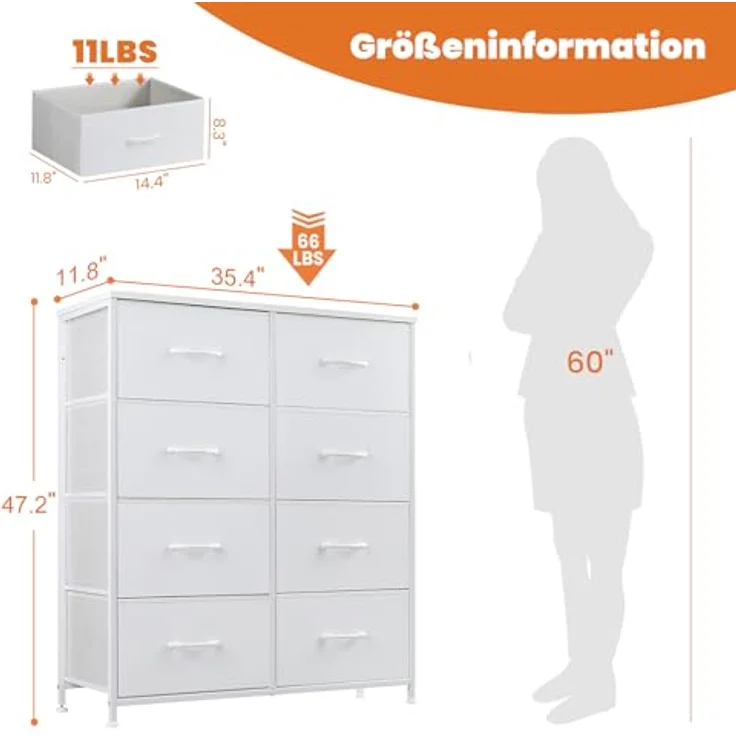 Sweetcrispy Kommode für Schlafzimmer, breite Schublade Kommode, 8 Stoffschubladen mit Griffen, Schrank, TV Stand für Schlafzimmer, Schrank, Wohnzimmer, Kinderzimmer – Bild 4