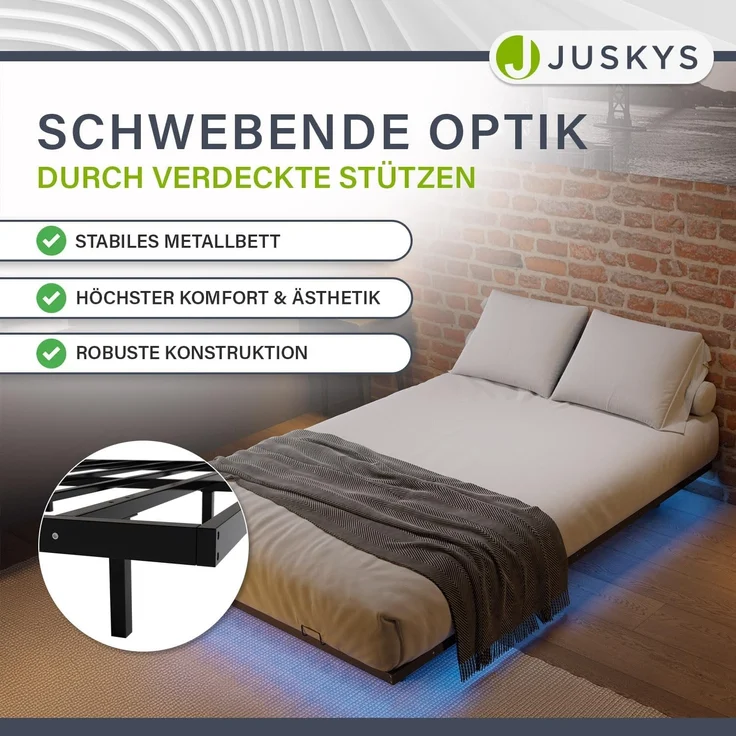 Juskys Metallbett Palamos 140x200 cm mit Matratze, Lattenrost & LED Beleuchtung - Schwebebett minimalistisch & modern - Bettgestell, Bett - Schwarz – Bild 2