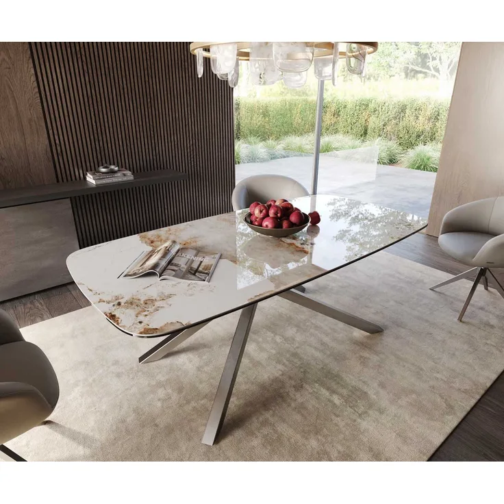 Esstisch Edge Boot 200x100 Keramik Minas Melange Weiß-Beige Kreuzgestell Rechteck Edelstahl