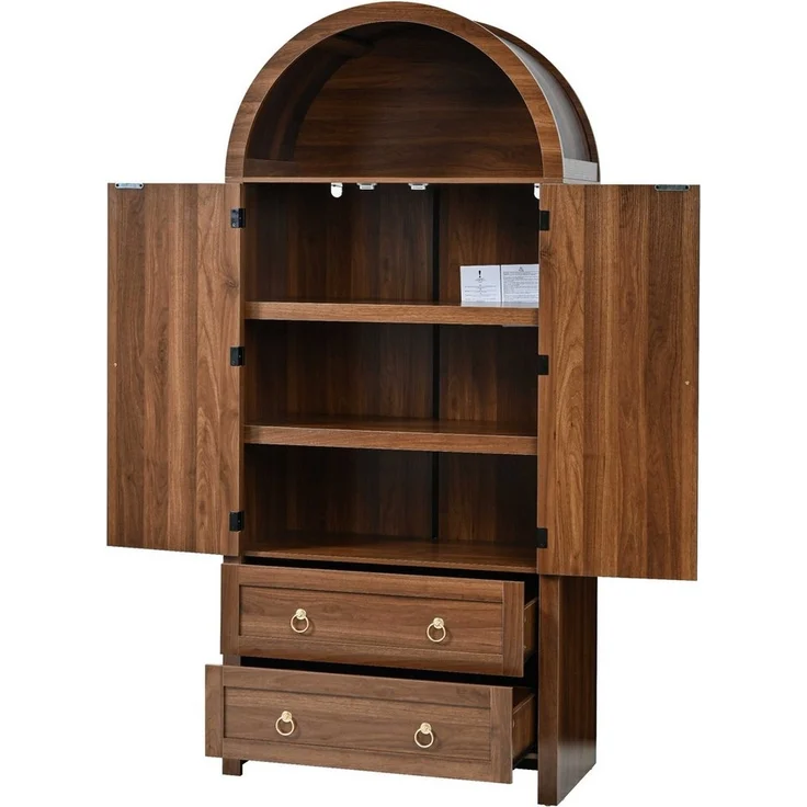 BlingBin Hochschrank Mehrzweckschrank Highboard Sideboard (Aufbewahrungsschrank mit Bogenform, 1-St, mit Rattantüren, offenen Regalen, 2 Schubladen, seitlichen Haken) 80x40x180 cm, Retro Vintage Schrank für Wohn- und Schlafzimmer – Bild 1