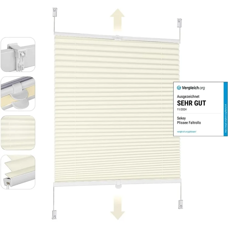 Sekey Plissee Klemmfix ohne Bohren 55x120cm Faltrollo Plisseerollo Jalousie für Tür & Fenster Blickdicht Sichtschutz Sonnenschutz Fertifplissee Rollo 55 cm breit Beige – Bild 1