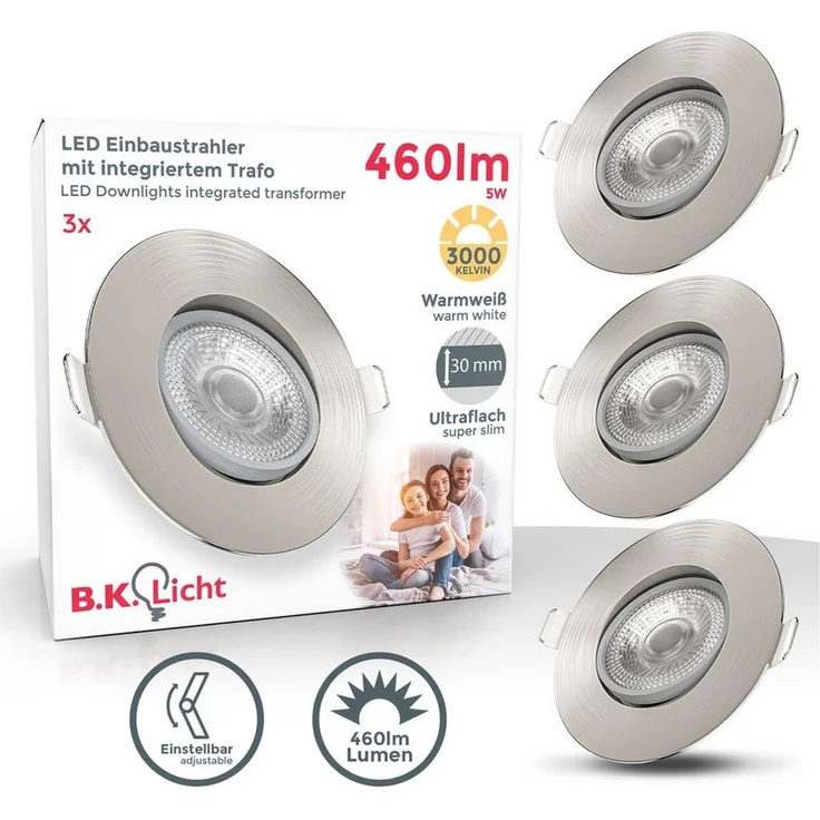 B.K.Licht LED Einbaustrahler SET Einbauleuchten 90mm dimmbar 230V ultra-flach schwenkbar, Ohne Dimmfunktion, LED fest integriert, 3000K - Warmweiß, 6x dimmbare Einbauspots Decke schwenkbar Wohnzimmer Büro - BKL1285
