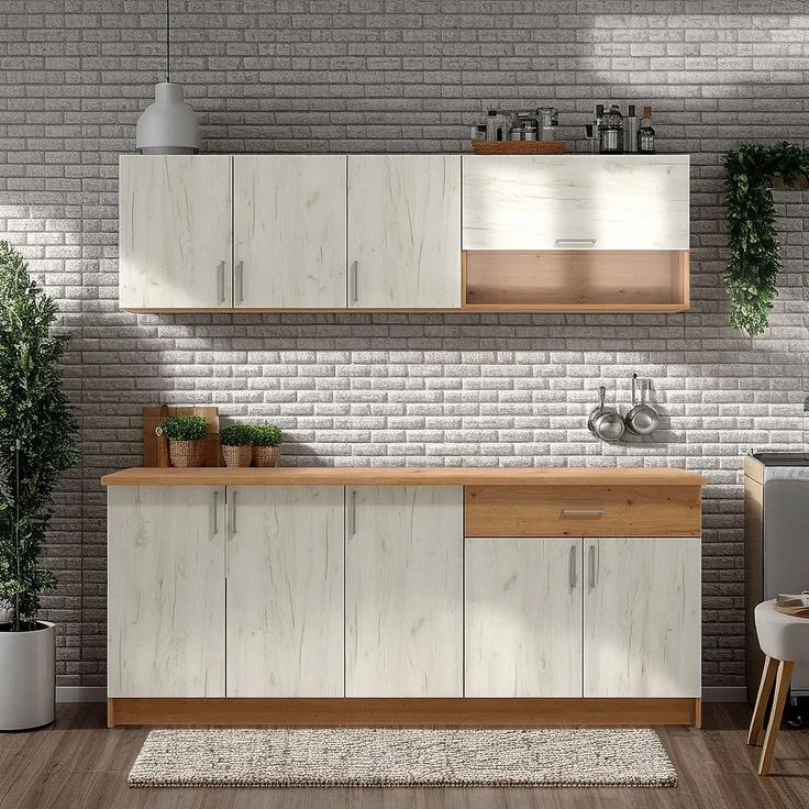 Küchenzeile ohne Geräte, Weiß Shabby Eiche, 200 cm – Bild 2