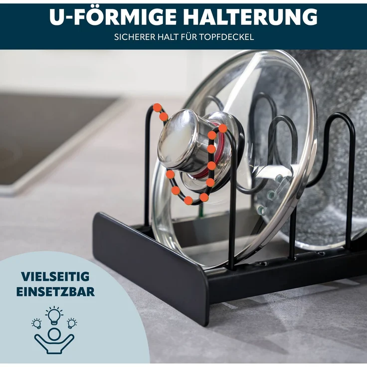 eluno Topfdeckel und Pfannenhalter 2er Set für 7 Töpfe, Pfannen, Deckel, Teller und Schneidebretter aus schwarzem Metall – Bild 6