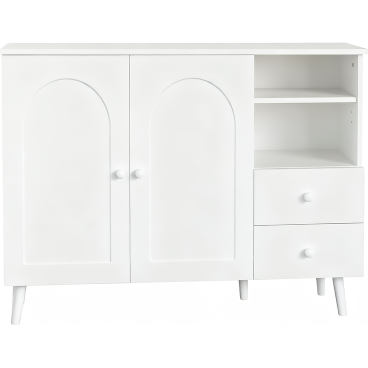 Merax Sideboard, gewölbte Türen, Holzgriffe, Holzfüße, mit 2 Türen, 2 Schubladen und 2offenem Fach, Mehrfachaufbewahrung, Weiß – Bild 8