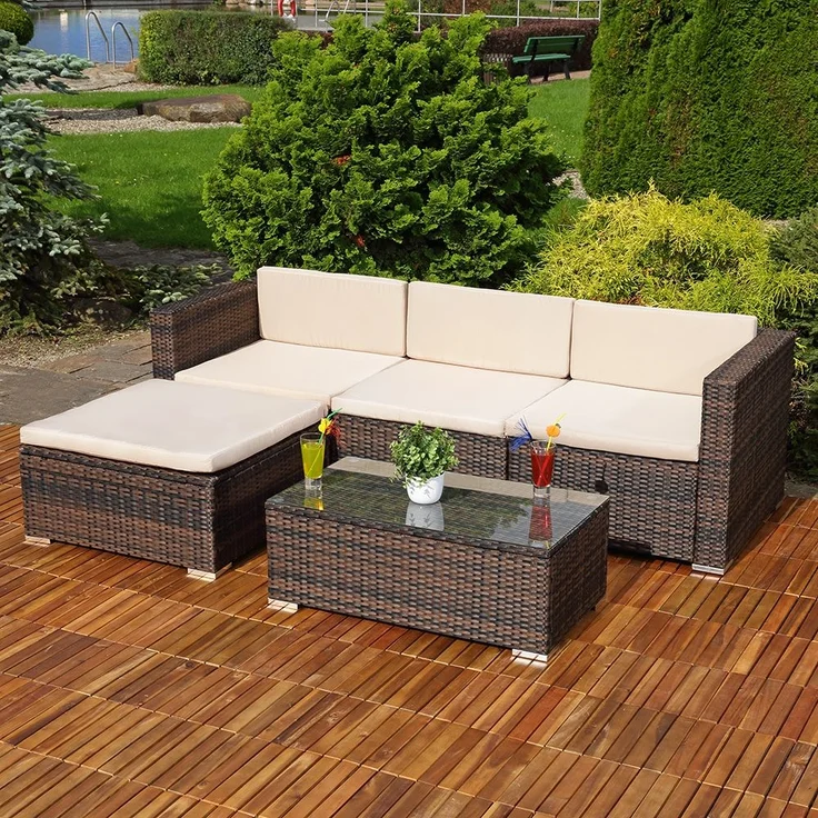Gartenmöbel 5tlg. Sitzgruppe Sofa Lounge Polyrattan Essgarnitur Sitzkissen braun – Bild 4
