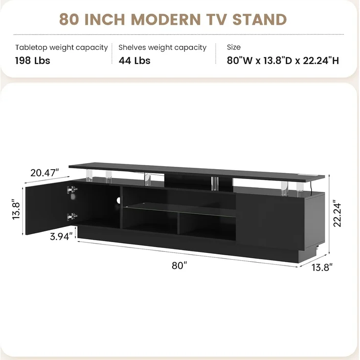 Aoxun 200 cm Fernsehstand, mit 2 Seitenkabinett, Moderner Stilvoller TV-Console mit LED Leuchten, Gaming-Fernseh-Medienconsole mit Verstellbarem Glasregal, Fernbedienung & APP-Steuerung, Schwarz – Bild 2