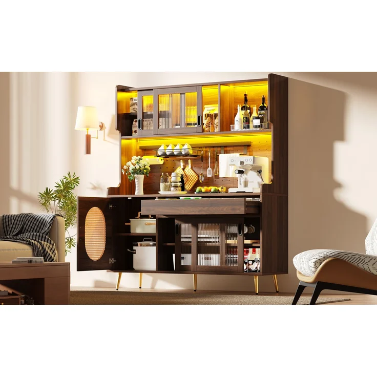 Seitenboard / Aufbewahrungsschrank / Küchenschrank / Buffetschrank, 145x39x171cm, Landhausstil, 5 Türen, mit LED-Lichtleiste & Ordnungslockplatte, Fluted Glas Türen, Braun/Schwarz--Braun--145x39x171cm--YOUDENOVA – Bild 6