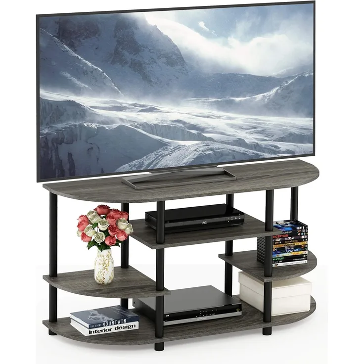 Furinno JAYA TV-Ständer mit einfachem Design und verschiedenen Ablageflächen, holz, Französische Eiche Grau/Schwarz, 39. 5x106. 78x57. 79 cm