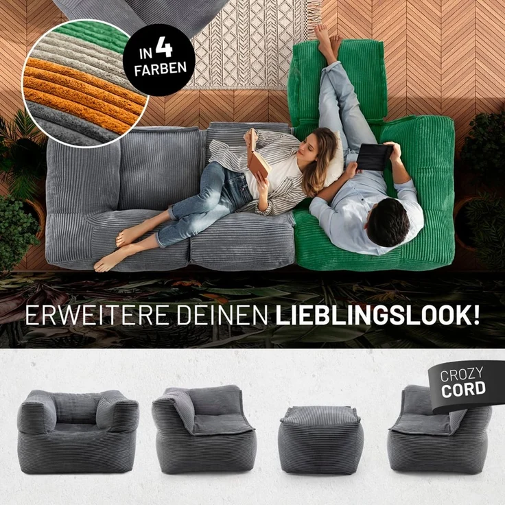 Lumaland Sitzsack-Sofa, Polyester, Mittelteil, Cord - Grau, 70 x 81 x 54 cm – Bild 8