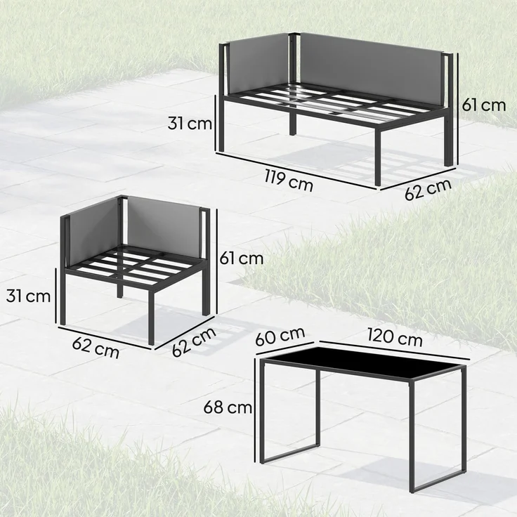Wohnora-6-teiliges Gartenmöbel-Set mit Ecksofa, 10 cm dicken Kissen, Stehtisch und 2 Fußhockern, Grau,H 61cm x T 181cm x B 181cm – Bild 3