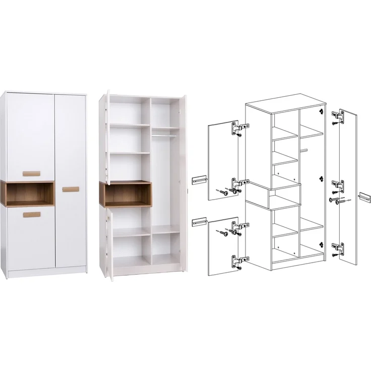 Marmex Möbel Grant Set-J Jugendzimmer-Set 3-teilig mit Kleiderschrank, Kommode mit Schubladen, Schreibtisch, Kinderzimmermöbel mit Schreibtisch, laminierte Spanplatte, Kleiderstange, weiß+riviera Eiche, 186x195x55 cm – Bild 4