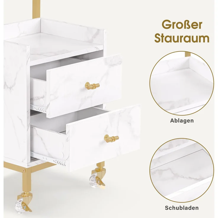 BarberPub Friseurwagen mit Rollen & 2 Schubladen, Rollwagen Servierwagen, Salon Trolley mit 2 Ablagen & Föhnhalter, Moderner Arbeitswagen für Bad Wohnzimmer, 32x37x87cm, Weiß-Gold, 0029 – Bild 5