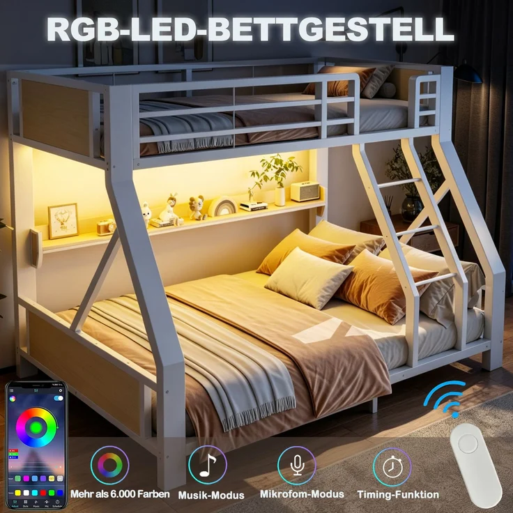 EINHOM Metall-Etagenbett 90 x 200 cm / 140 x 200 cm, Einzelbett Oben, Doppelbett Unten, Ablagefach, LED-Beleuchtung, Bettgestell aus Eisen und Holz, Platzsparendes Kinder- und Jugendzimmermöbel Weiß (Ohne Matratze) – Bild 6