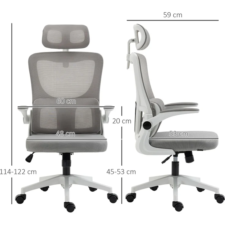 Bürostuhl ergonomisch höhenverstellbar Schreibtischstuhl mit Armlehnen, Kopfkissen, Wippfunktion und Lendenstütze, Mesh Grau für optimalen Komfort--Grau--60x59x122cm--YOUDENOVA – Bild 3
