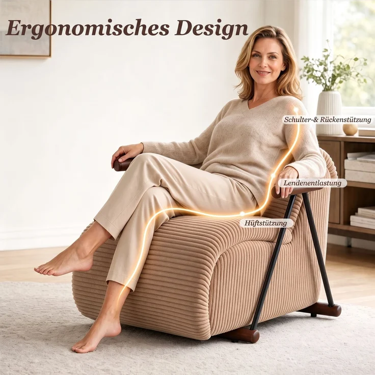 LVHOM Relaxsessel mit Lattenrost, ergonomischer Fernsehsessel, gepolsterter Loungesessel mit Armlehnen, XXL Lesesessel für Wohn- und Schlafzimmer, Cord Braun – Bild 3