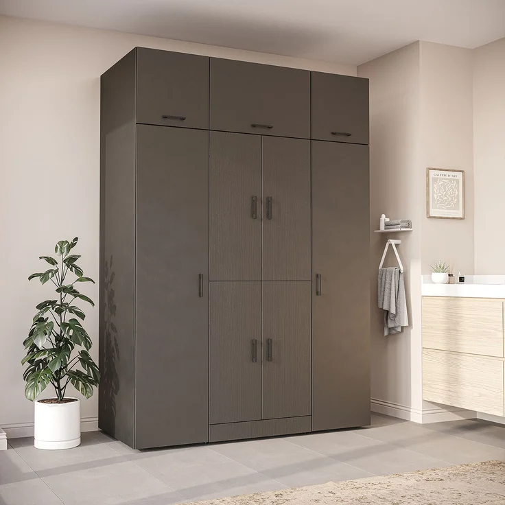 Roomart Waschmaschinenschrank - DORA-I- 160 cm breit - Wasch- & Trocknerschrank mit 2 Hochschränken, Türen & Ausziehbrett, Waschmaschinen-Überbau für Waschküche & Hauswirtschaftsraum • Schwarz-Eiche – Bild 1