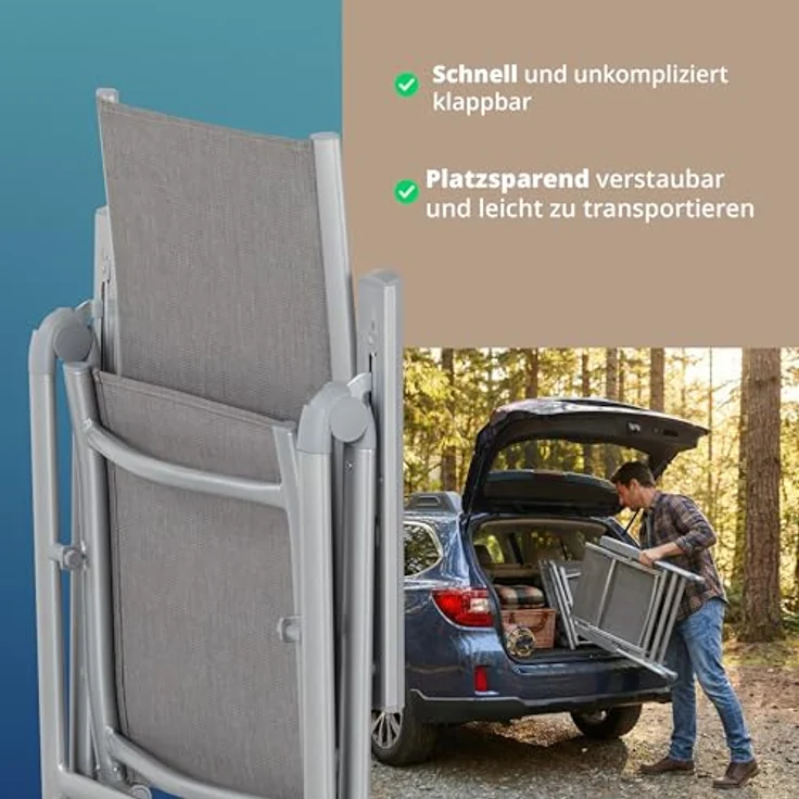 KHG Gartenstuhl Hochlehner Alu Klappstuhl, 8-Fach verstellbare Rückenlehne | silber grau wetterfest rostfrei, 120 kg belastbar, Balkonstuhl, Kunststoff, vormontiert, vielseitig kombinierbar – Bild 6