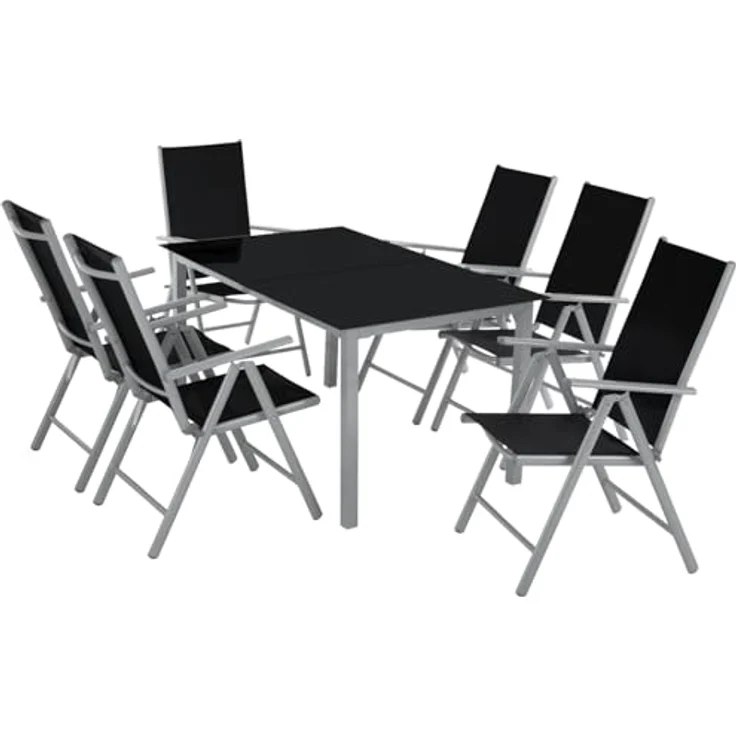 tectake® Sitzgarnitur Aluminium Klappstühle, Lounge Set mit 6X Stühle und 1x Glastisch Esstisch, Gartenmöbel Set wetterfest für den Balkon, Gartenstühle, Terrassenmöbel, Liegestuhl - Silber – Bild 2