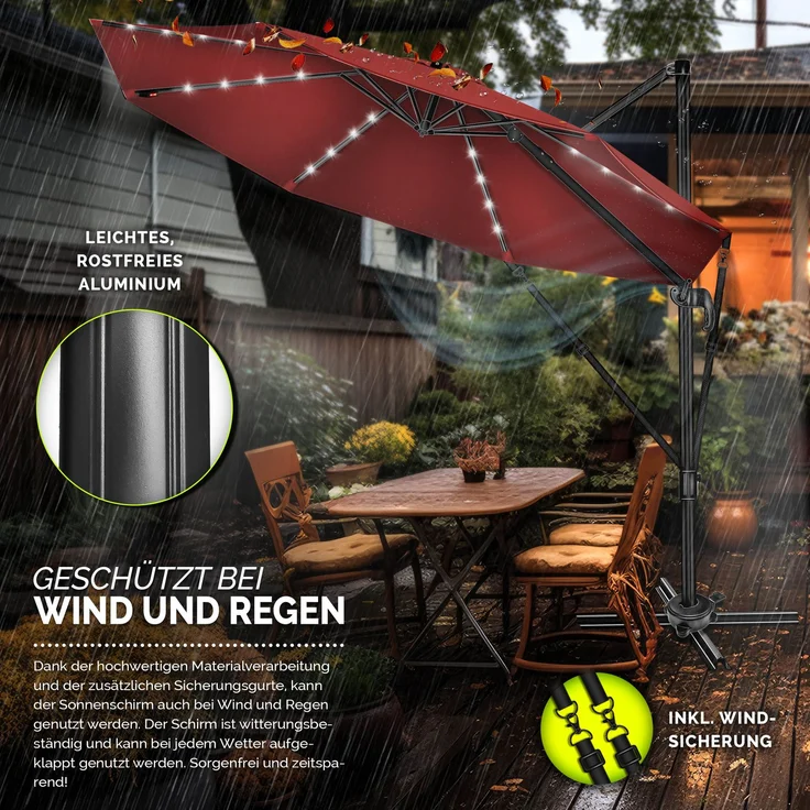 tillvex® Premium Alu Sonnenschirm 330 cm Rot + Abdeckung & Windsicherung | Ampelschirm 6-Fach Verstellbar mit Kurbel | Gartenschirm 360° Drehbar Neigbar Kippbar | Kurbelschirm UV50+ Groß wasserdicht – Bild 4