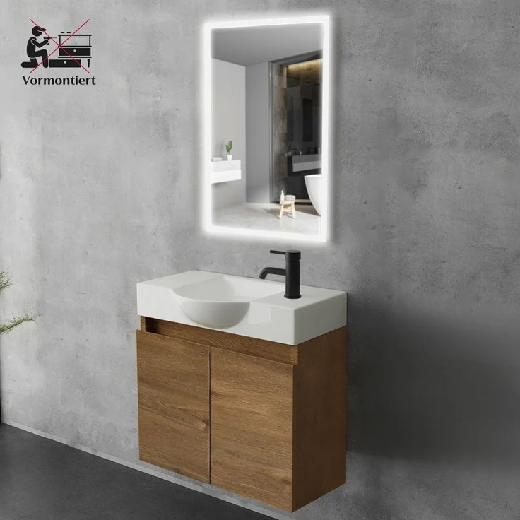 Alpenberger Badmöbel-Set Gäste WC Waschbecken mit Unterschrank 55 cm Breit, (Badschrank Klein, Badmöbel Set Eiche), Waschbeckenunterschrank mit Waschbecken – Bild 2