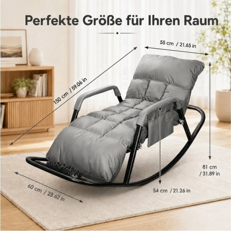 BlingBin Schaukelstuhl Liegestuhl 5-fach verstellbar bis 180° Neigung Mit Massagefußstütze (1er Set, 1 St), hoher Rückenlehne als Lesesessel für Wohnzimmer und Schlafzimmer – Bild 2