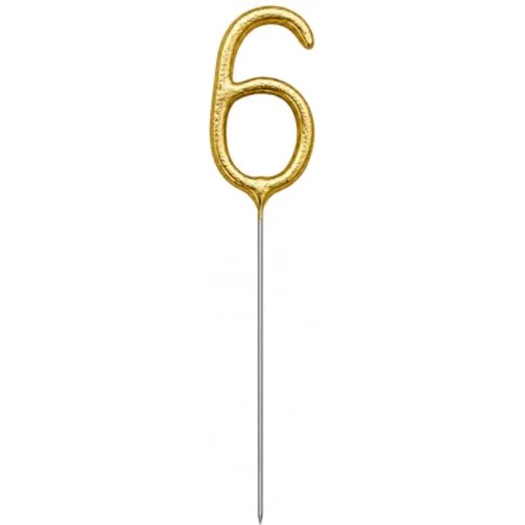 partydeco Tortenstecker, Wunderkerze Geburtstag 15cm Zahl 6 Gold 1 Stück