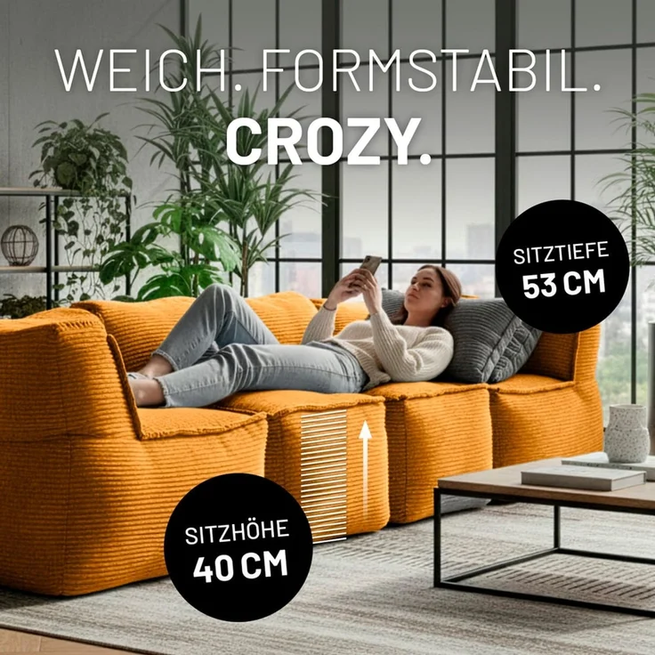 Lumaland Sitzsack-Sofa, Polyester, Mittelteil, Cord - Senfgelb, 70 x 81 x 54 cm – Bild 5