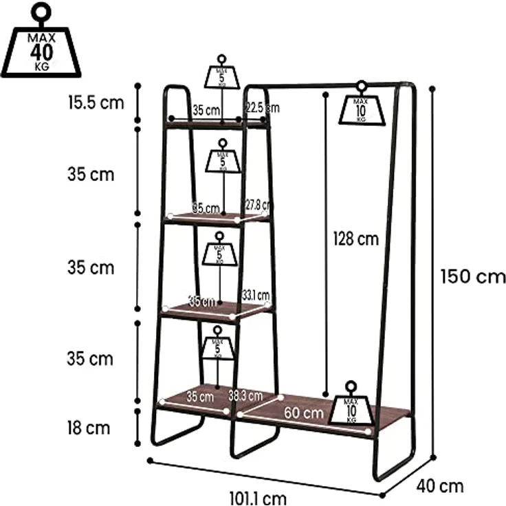 Iris Ohyama Kleiderständer mit Holzregalen, 4 Ebenen, Schwarz, Modernes, Robuster Rahmen, rutschfest, Für Schlafzimmer, Studio, Schrank, Kleidung & Schuhe, Wäscheständer, Einfacher Aufbau, PI-B3 – Bild 9