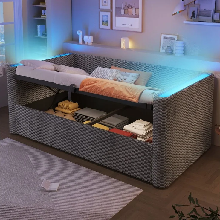 Odikalo Schlafsofa Schlafcouch Tagesbett 90x200 mit Lattenrost, Daybett, Schlafsofa, 90 × 200 cm, 180 × 200 cm, multifunktionales Ausziehbett-Design mit LED-Lichtleiste, Lattenrost (ohne Matratze), Samt, Grau / Beige – Bild 1