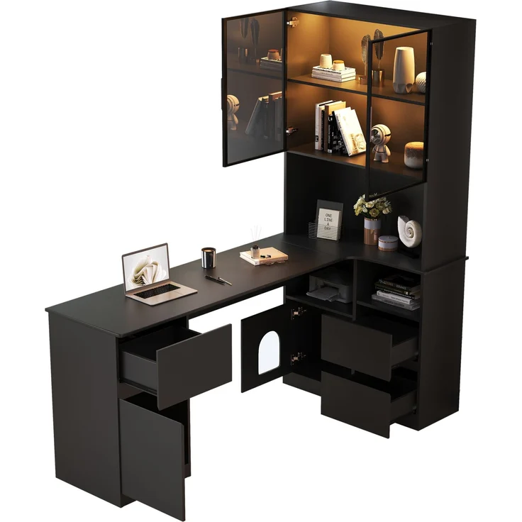 Flieks Eckschreibtisch mit LED-Vitrine & Regal 120×80×180 cm, Computertisch mit 3 Schubladen, 2 Türen, Haustierfach, Rechte Ecke, Schwarz – Bild 6