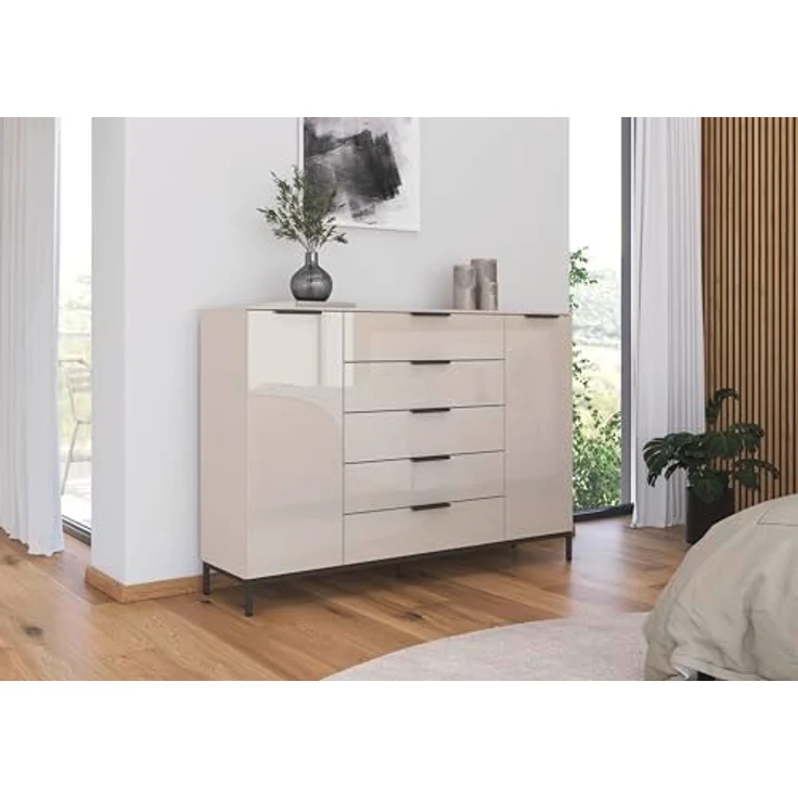 Rauch Möbel Flipp, Nachttisch für Schlafzimmer, Kinderzimmer, Wohnzimmer, Flur, Garderobe, 2-türig, 5 Schubladen, mit Softclose-Funktion, Griffe und Metallkufe Graphit, Farbe Glas Beige, Breite 160 cm – Bild 3