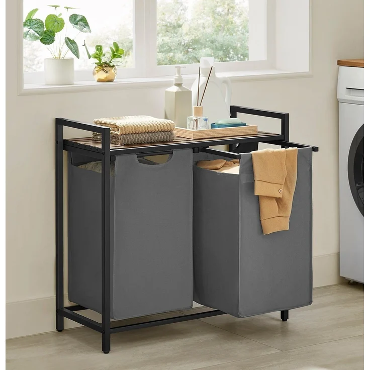 Vasagle Wäschekorb mit 2 Fächern, Metallgestell Vintagebraun/Grau, 2x46 L / 73 x 33 x 72 cm – Bild 1