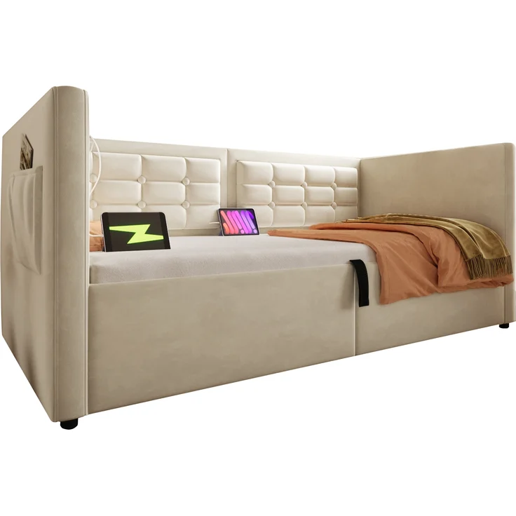 Polstertes Schlafsofa, Samt mit USB-Ladestation, 90x200 cm, Beige, ohne Matratze – Bild 9