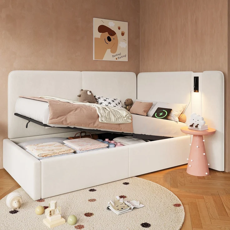 Merax Einzelbett, Kinderbett, Polsterbett 90x200 cm Daybett, mit hydraulischem Stauraum Aufladen Leselampe, Samt, beige – Bild 1
