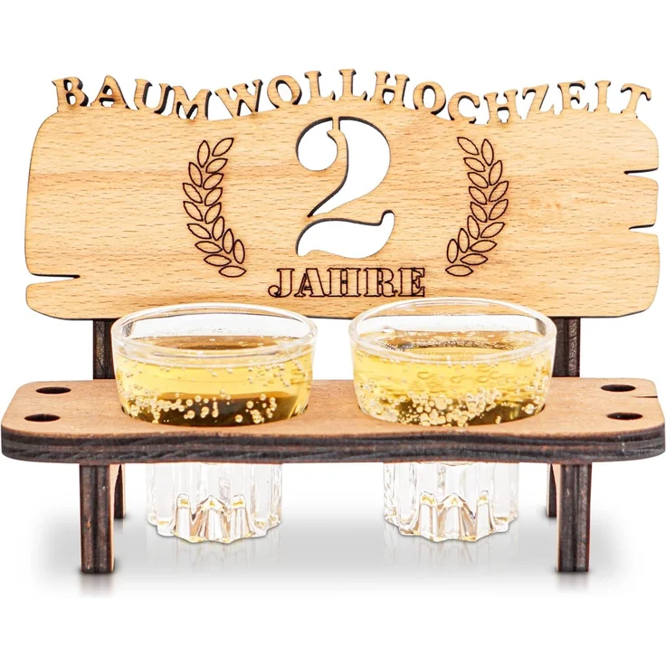 DARO Design - Schnapsbank 2. Hochzeitstag Baumwollhochzeit Geschenk Deko für Paare Männer Frauen aus Holz mit Gläsern