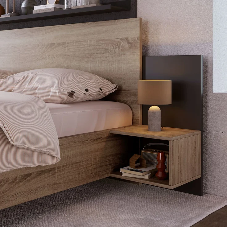 (=280708AAE)Doppelbett Holzbett Bettanlage 160 x 200 cm mit 2 Nachtkommoden Modernes Bett inkl, 2 Nachttischen Schlafzimmer Komplett-205.5x235x76.5 cm(T/B/H) Set in Eiche Sonoma/Dunkelgrau--Dunkelgrau, Holz--205.5x235x76.5cm--YOUDENOVA – Bild 4