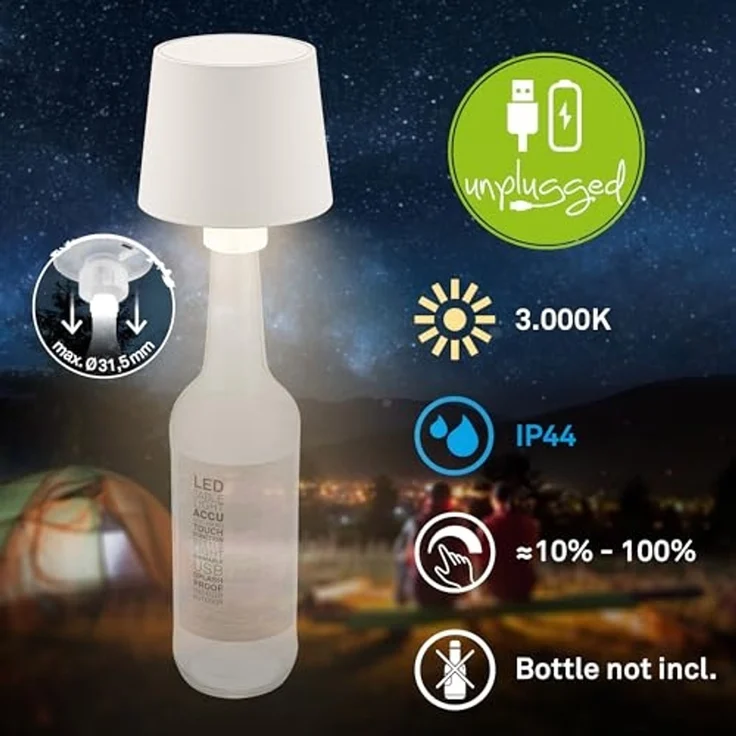 BRILONER - LED Flaschenlampe kabellos mit Touch, dimmbar, warmweiße Lichtfarbe, Flaschenleuchte, LED Lampe, Akku Tischleuchte, Weinlampe, Flaschenlampe Aufsatz, 10,5x11,5 cm, Altweiß – Bild 2