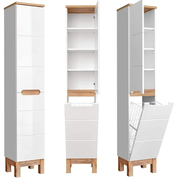 Hochschrank mit Wäschekorb SOLNA-56 Hochglanz weiß mit Wotaneiche, B x H x T ca. 35 x 187 x 33cm