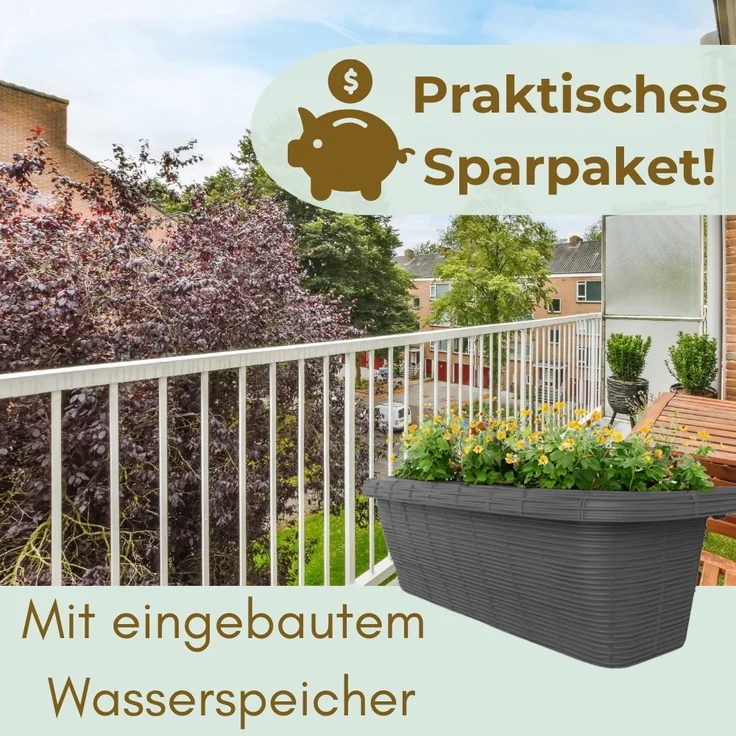 GarPet Balkonkasten 2er Set Blumen Kasten Balkon Geländer Wasserspeicher Rattan Anthrazit – Bild 6