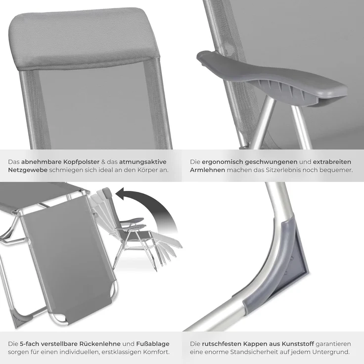 tectake® 2er Set Alu Sonnenliege Liegestuhl, Gartenstühle 5-Fach verstellbare Rückenlehne, Gartenliege mit Fußteil, leicht & klappbar, Relaxsessel mit Kopfpolster, für Camping Garten Balkon - grau – Bild 6