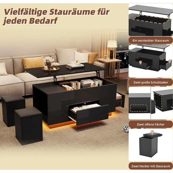 Couchtisch aus Spanplatte mit Hubfunktion, LED, Stauraum & 2 Hockern, 100x50x45 cm, Schwarz – Bild 9